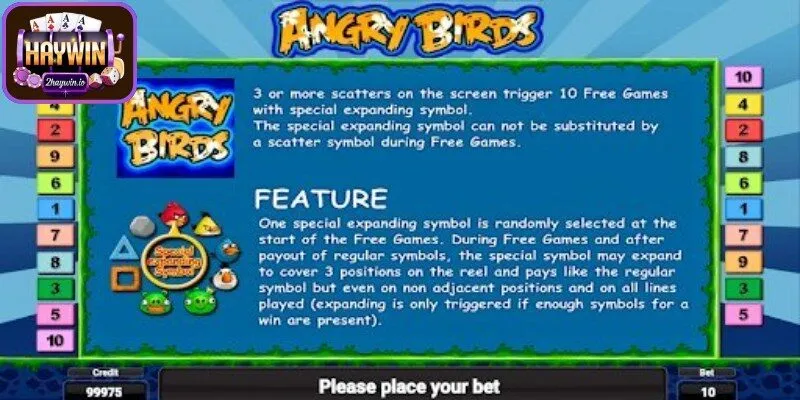 Tính năng xuất hiện trong vòng quay Angry birds slot haywin